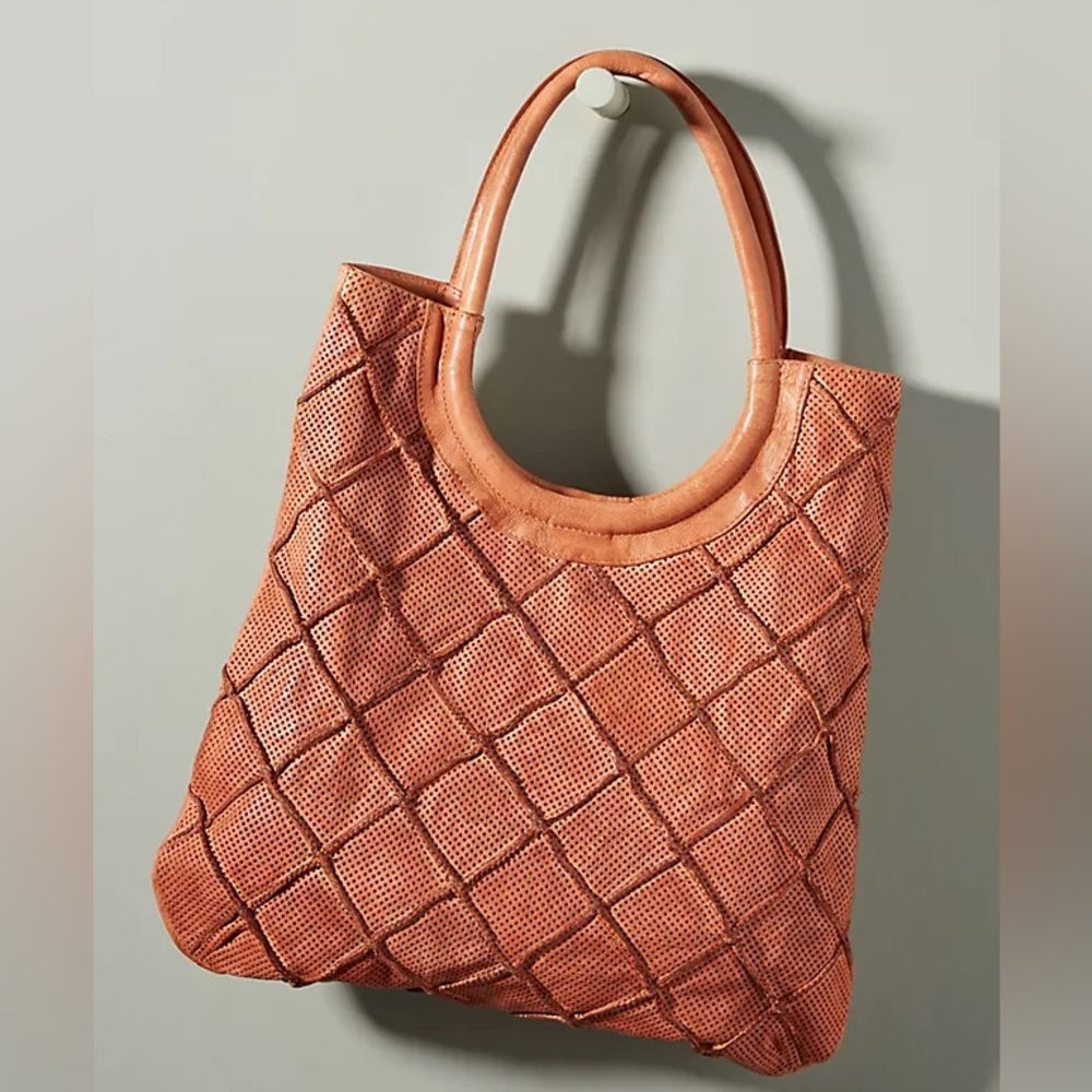Anthropologie Leather Tan Tote Bag. Diamond Patch Stitching.